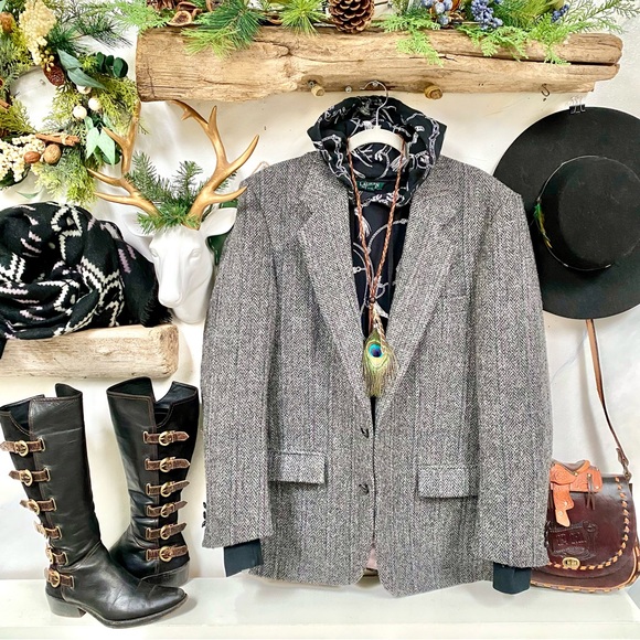 Vintage Jackets & Blazers - Herringbone Scottish HARRIS TWEED wool boyfriend blazer equestrian cabin vibe